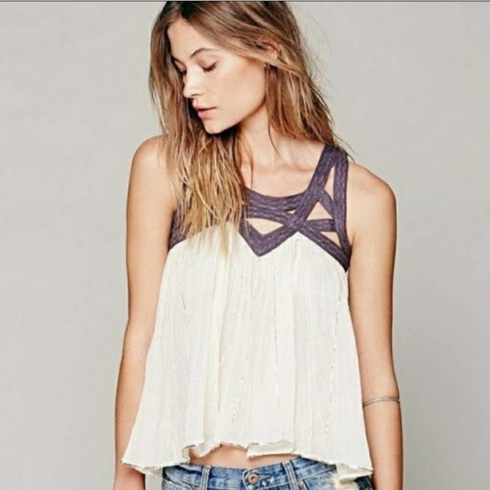 Free People Tank Top One Lattice Lurex Navy Cream
